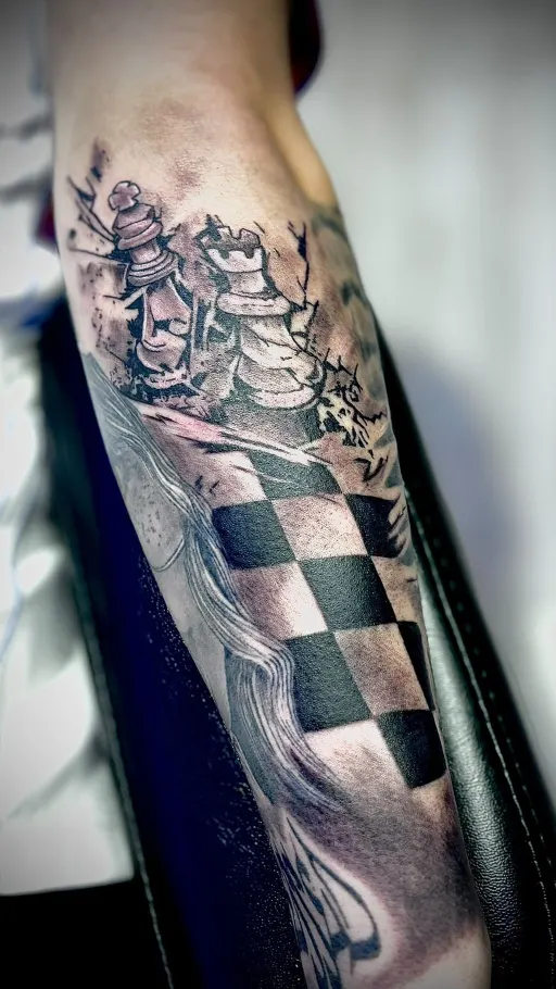 Tatuaje realista black & grey de piezas de ajedrez en el antebrazo