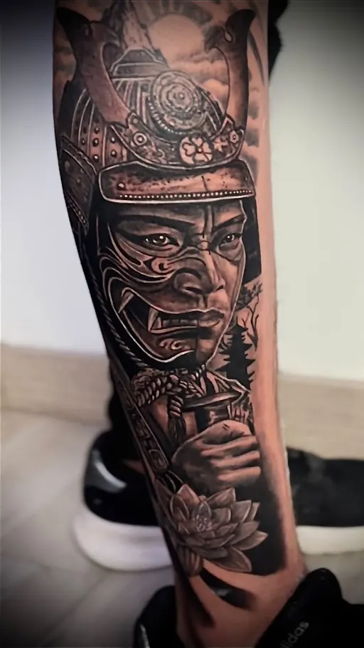 Tatuaje realista black & grey de un samurái en la pierna